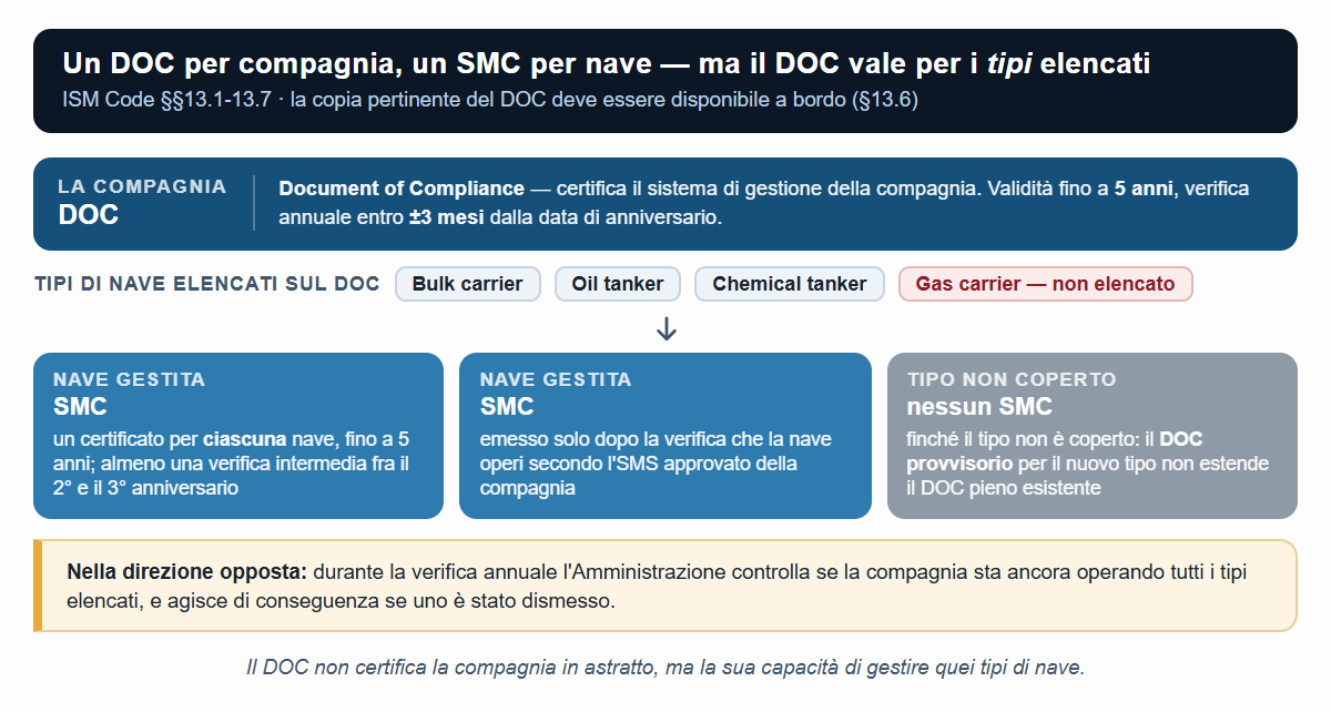 Struttura certificativa dell'ISM Code: un DOC per compagnia, valido per i tipi di nave elencati, e un SMC per ciascuna nave gestita (§§13.1-13.7).