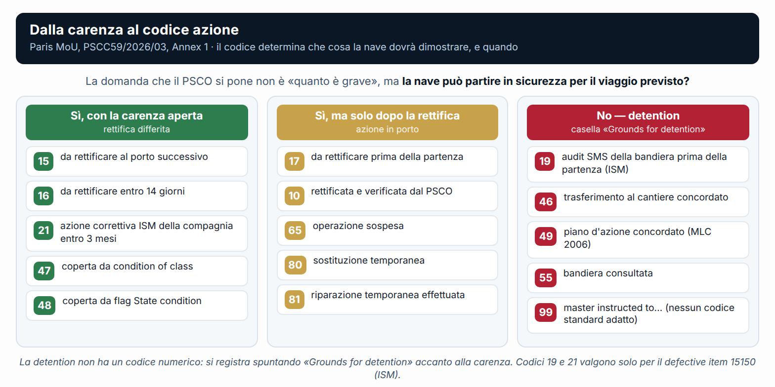 Dalla carenza al codice azione: i tre esiti possibili e i codici corrispondenti (PSCC59/2026/03, Annex 1).